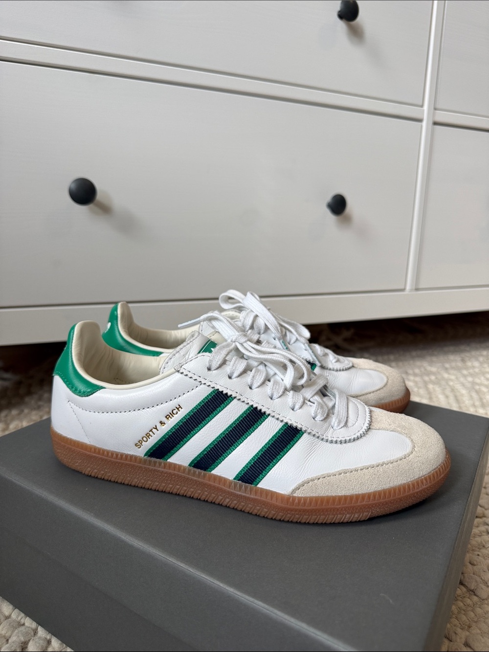 Sporty & Rich White, Green & Navy Adidas Samba with Gum Sole Barely Worn 7.5